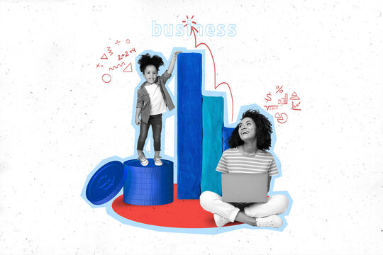 Creative collage picture of black white effect mother little daughter use netbook earn money coins growing arrow upwards charts