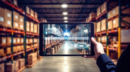 Smart warehouse, inventory management system concept, a manager using digital tablet showing warehouse software management dashboard on the blurred warehouse as background.Generated with AI