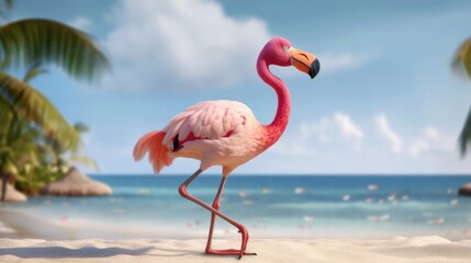 Naklejka na ściany i meble A silly flamingo doing a yoga pose on one leg, with a funny expression and a serene beach backdrop - Generative ai