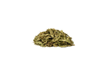 Dried leaves o Lemon verbena in latin Aloysia citrodora heap isolated on white background. Medicinal herb. Lemon verbena leaf extract is used for its energizing and refreshing properties,lemony scent. - obrazy, fototapety, plakaty