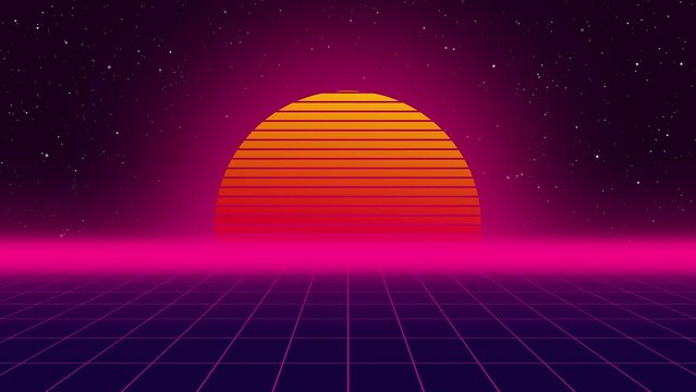 Neon cyberpunk background animaton. Sun and neon grid.