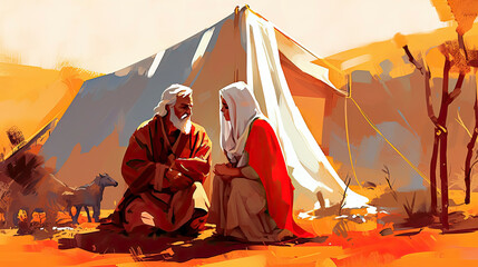 Colorful painting art portrait of Abraham and his wife Sarah sitting in front of their tent. - obrazy, fototapety, plakaty
