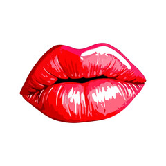 Glossy colored and sexy red lips. Vector illustration isolated on white background. Hot kiss sticker lips with red lipstick 