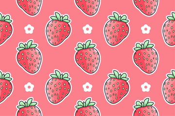 Vector cute yammi strawberry seamless vector pattern print. Pink strawberry kawaii with pastel green leaves on pink background