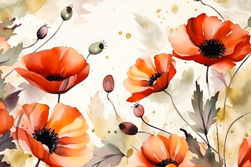 Generative AI, Watercolor background with poppies on red and beige colors . Card for invitation , holiday, birthday, wedding. printed products