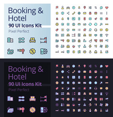 Booking and hotel pixel perfect RGB color ui icons kit for dark, light mode. Accommodation for tourists. GUI, UX design for mobile app. Vector isolated pictograms. Editable stroke. Poppins font used