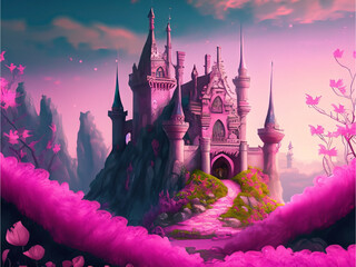 Enchanting fairytale castle surrounded by a magical landscape pink emphasized created using generative AI Technology