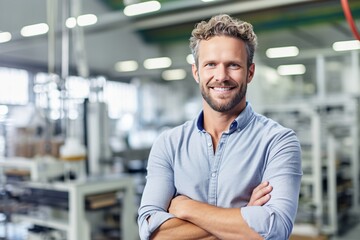 Closeup of a confident engineer male factory worker with arms crossed, industrial construction industry