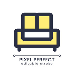 Sofa pixel perfect RGB color ui icon. Comfortable piece of furniture. Simple filled line element. GUI, UX design for mobile app. Vector isolated pictogram. Editable stroke. Poppins font used