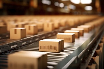 Closeup of multiple cardboard box packages seamlessly moving along a conveyor belt in a warehouse fulfillment center, a snapshot of e-commerce, delivery, automation and products. - obrazy, fototapety, plakaty