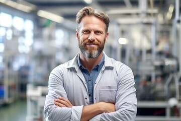 Obraz premium Closeup of a confident engineer male factory worker with arms crossed, industrial construction industry