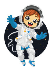 Astronaut kid wearing full astronaut suit with helmet floating in space