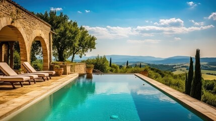 Obraz na płótnie Canvas Depict a grand villa in the picturesque countryside of Umbria or Piedmont, with sprawling grounds, a private pool, and stunning vistas of vineyards or olive groves