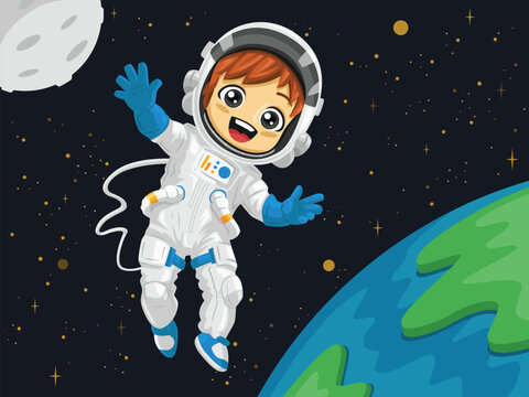 Vector illustration of an astronaut kid wearing full astronaut suit with helmet floating in space between earth and moon