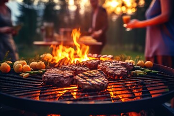 Naklejka premium BBQ food party summer grilling meat in the afternoon of weekend happy party.