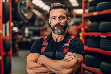 Obraz premium Portrait of a male mechanic working in a repair garage.