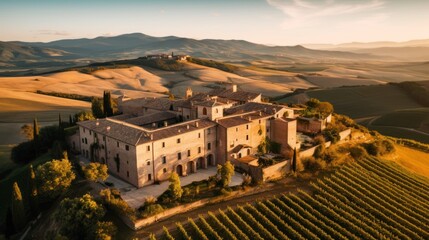 Obraz premium Depict a grand villa in the picturesque countryside of Umbria or Piedmont, with sprawling grounds, a private pool, and stunning vistas of vineyards or olive groves
