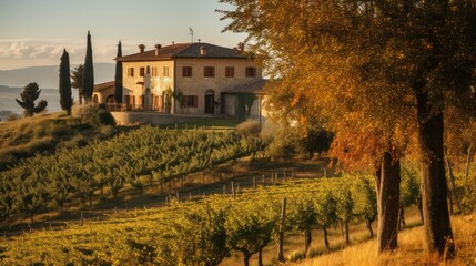 Naklejka premium Depict a grand villa in the picturesque countryside of Umbria or Piedmont, with sprawling grounds, a private pool, and stunning vistas of vineyards or olive groves