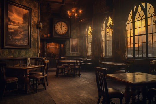 Tables of a pub style old bar, before operating hours. Traditional or British style bar or pub interior. with wooden paneling. Retro vintage atmosphere