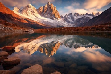Fototapeta na wymiar A mountain lake surrounded by towering snow-capped peaks landscape with water reflection and vibrant hues of the sky background, Generative AI