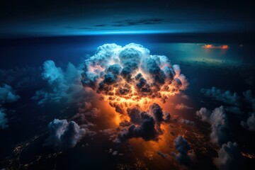 Obraz na płótnie Canvas Aerial view of a stormy night sky over the sea. Heavy thunderstorm, cumulonimbus clouds. Sunset or sunrise over the sea. Colorful dramatic landscape with sea horizon. Dark blue sky with Generative AI