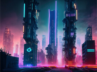 Dystopian cyberpunk cityscape with neon lights and towering skyscrapers with Generative AI 