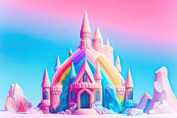 Fototapeta premium pastel rainbow and shimmering pink fairytale crystal castl