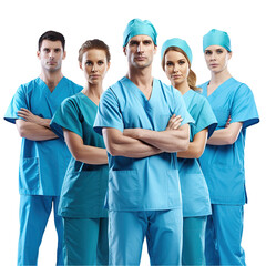 Group of surgeons medical professionals team in uniform stand with arms crossed on transparent background