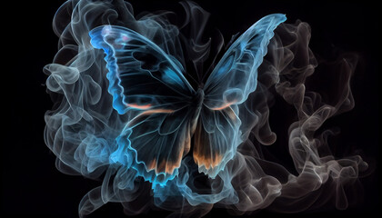 Contours of blue butterfly in smoke on black background, fantastic magic background, unusual beautiful wallpaper Ai generated image