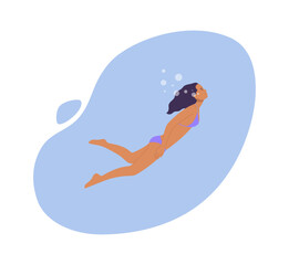 A woman is swimming underwater. Diving woman.