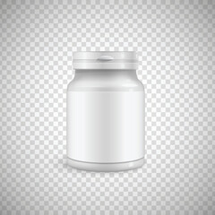 White pill bottle mockup. Supplement package blank, isolated drug container on Grey background. Pharmacy tablet pillbox concept design. Prescription pill jar, 3d illustration. Cure capsule can