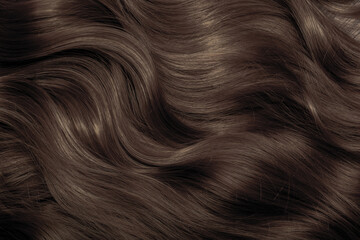 Brown hair close-up as a background. Women's long brown hair. Beautifully styled wavy shiny curls....