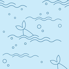 Seamless vector pattern with waves and fish tail.