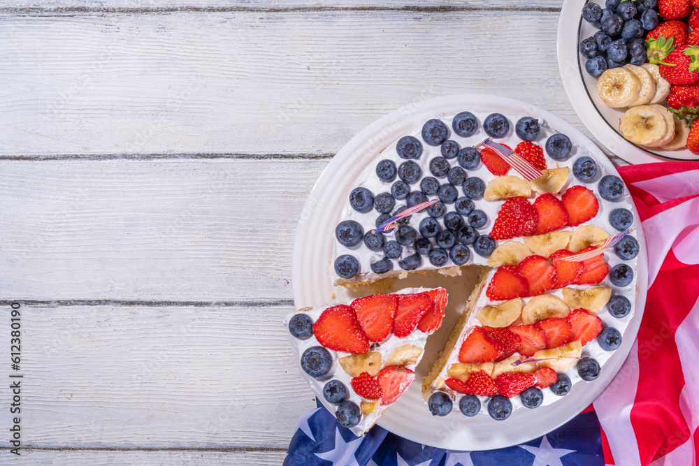 Sticker  4th of July cake with flag and berries. Homemade Patriotic American flag striped vanilla cream sponge cake, Holiday Party summer dessert 
