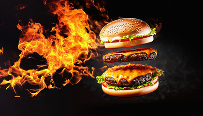 Hot Grilled Burger in Air 3D Rendering with Black Background and Copy Space for food photography,...