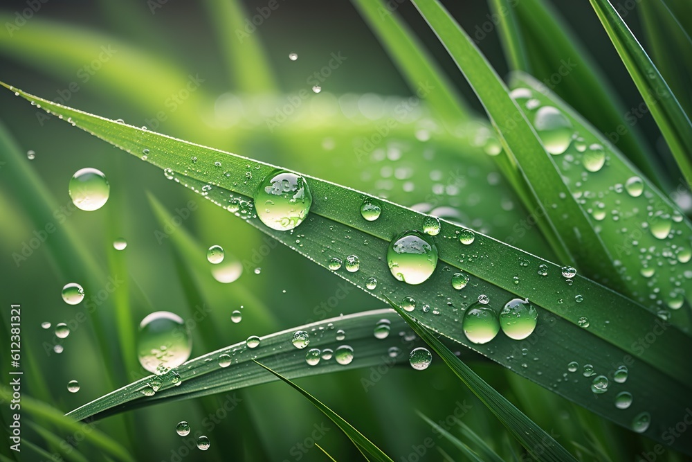 Wall mural Closeup of water drops on green grass Generative AI