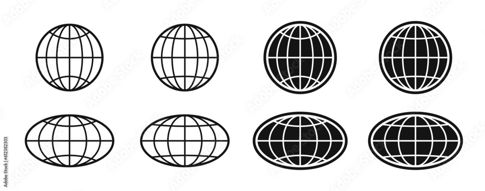 Poster world globe icons set. earth globe sign. round and flatten planet symbol. graphic elements. vector.