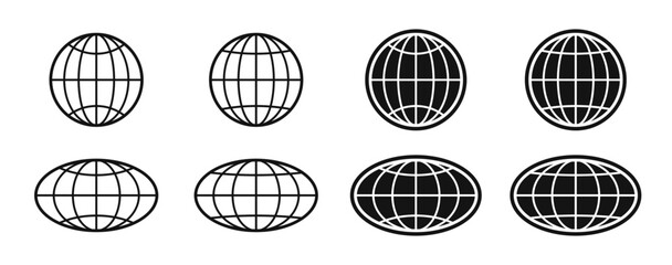 World globe icons set. Earth globe sign. Round and flatten planet symbol. Graphic elements. Vector. - obrazy, fototapety, plakaty