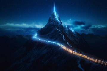 illuminated path, snow covered mountains