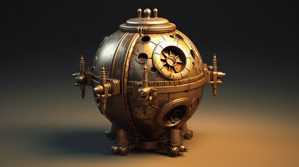 Fototapeta na wymiar Spherical Old Brass Object with many details like Steampunk style - AI Generated