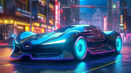 Fototapeta na wymiar Dark Blue Future Electric Sport Car concept with some Blue and Purple Lights without any brand inside a Night City - AI Generated