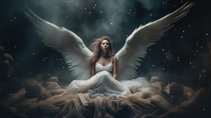 a angel-woman in a white dress with wings. Generative AI Art.