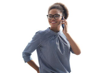 Attractive african american woman talking with collegues friends on the mobile phone on a transparent background