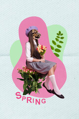 Vertical collage picture of elegant clothes leopard head girl hands hold bouquet fresh tulip...