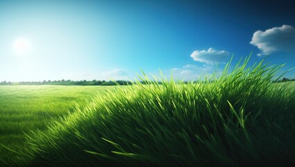 Daytime scene of a grassy meadow under a blue sky Generative AI