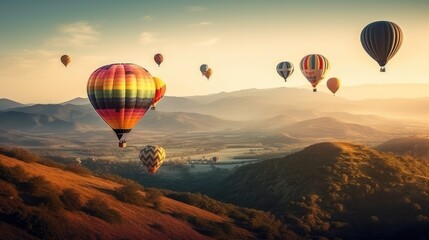 Colorful hot air balloons fly in the sky over the Mountain. Generative ai