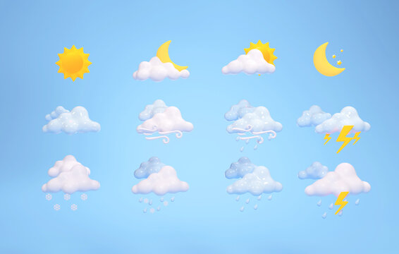 3D weather pack for notifications Meteorology, web background design, cloud weather icons set Design element, 3D illustration.