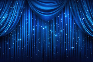 Blue Stage Theater Curtain with Spotlights and Sparkles. AI generative.