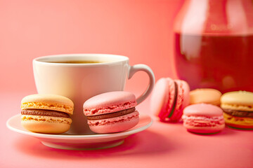 Obraz na płótnie Canvas Colorful Macaroons Dessert on White Plate and Tea/Coffee on Blur Pink Background. AI generative.
