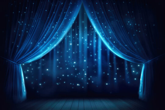 Blue Stage Theater Curtain with Light and Sparkles. AI generative.